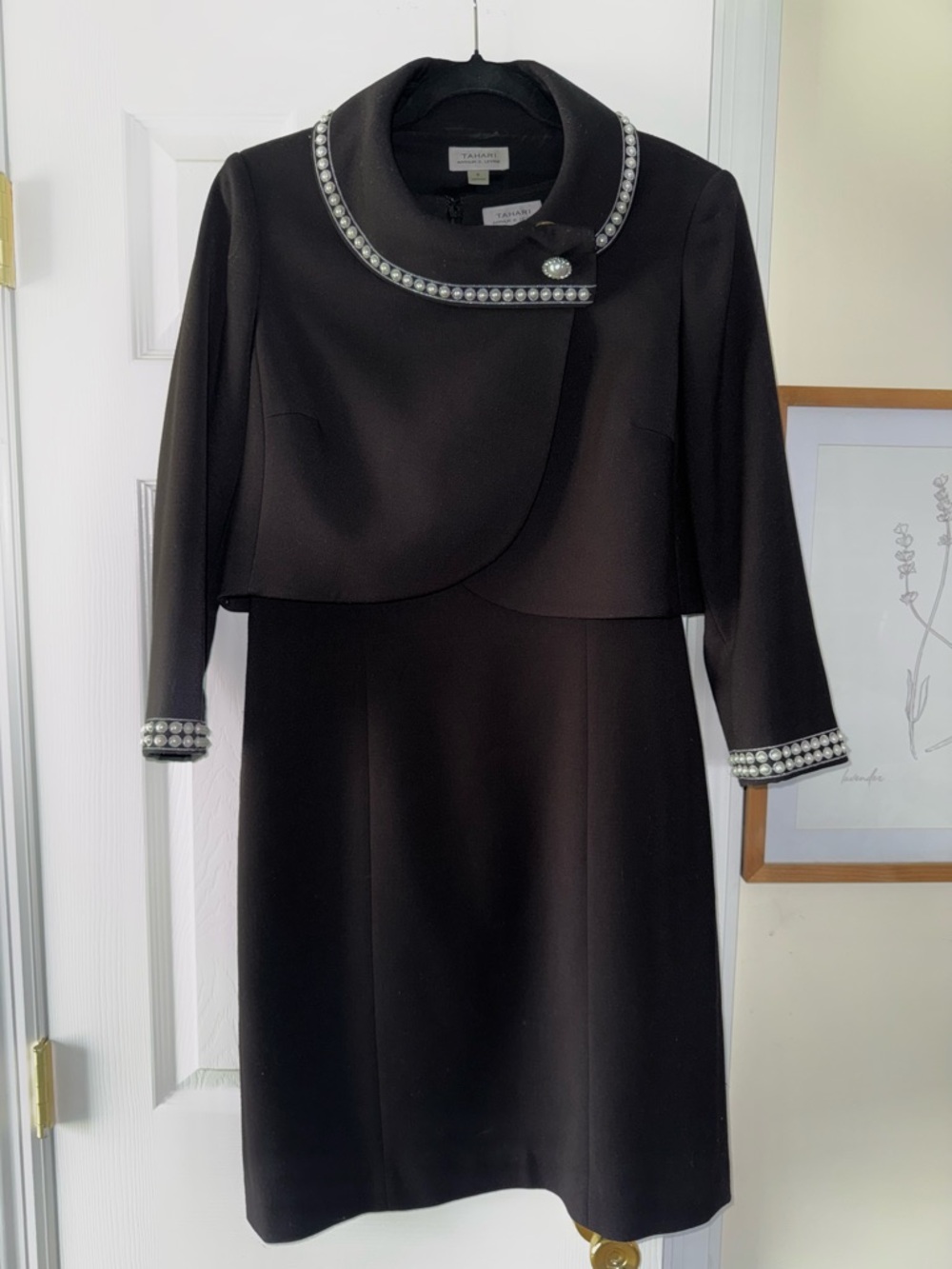 Tahari Black Pearl-Trim Dress and Cropped Jacket Set